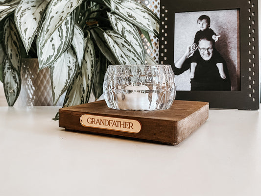Custom wood sympathy, in loving memory gift with glass candle holder.