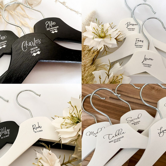 Custom engraved wedding coat hanger in premium wood, featuring personalised text for brides, bridal parties, and groomsmen. A thoughtful keepsake gift, perfect for wedding day photos, bridesmaid proposals, and special occasions. Durable, elegant, and handcrafted in Australia. Ideal as a bridal accessory, wedding gift, or anniversary keepsake with timeless personalised detail.