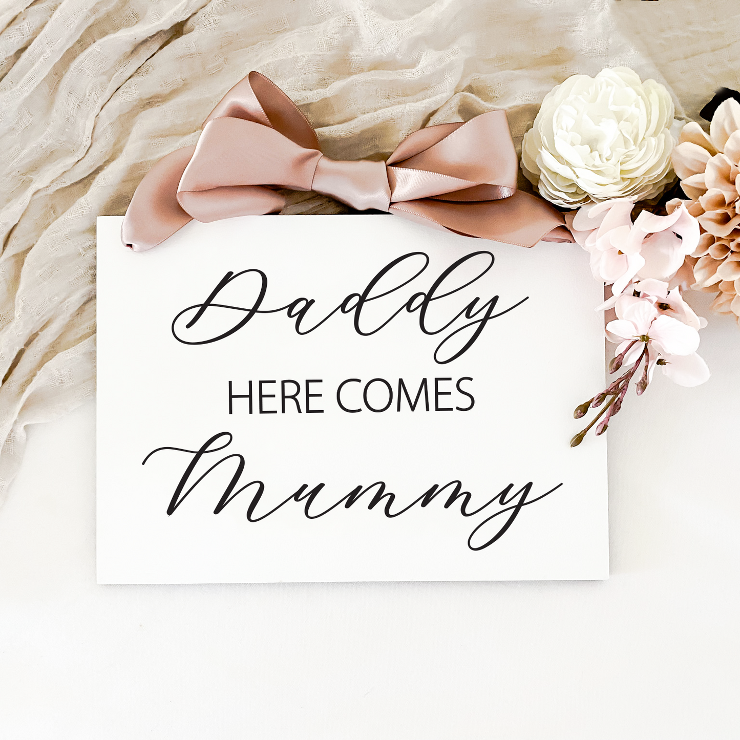 White Acrylic, Daddy here comes mummy wedding sign with black lettering, Custom or personalised Wedding Sign, Modern or Rustic Flower Girl Sign, Wedding Child Aisle Sign, Page Boy or Ring Bearer Wedding Sign Queensland Australia.