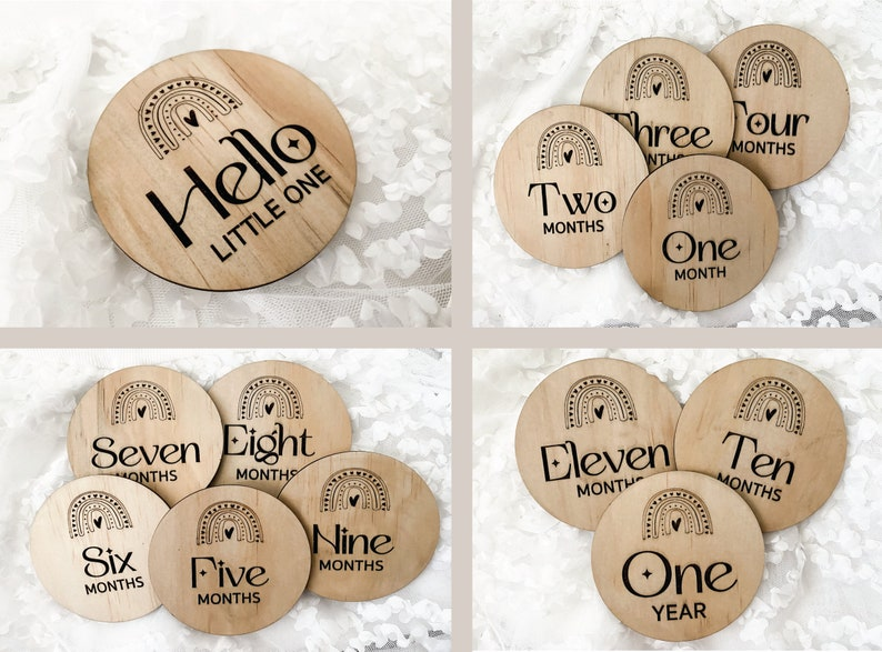 Handcrafted rainbow wooden milestone disc set featuring 13 engraved pieces, from “Hello Little One” to “One Year.” Each disc is approx 8cm, made from FSC-certified wood with a delicate rainbow design. Perfect for monthly baby photo shoots, birth announcements, and first birthday celebrations. A thoughtful baby shower gift and keepsake, these milestone markers help parents document and treasure their little one’s first year.