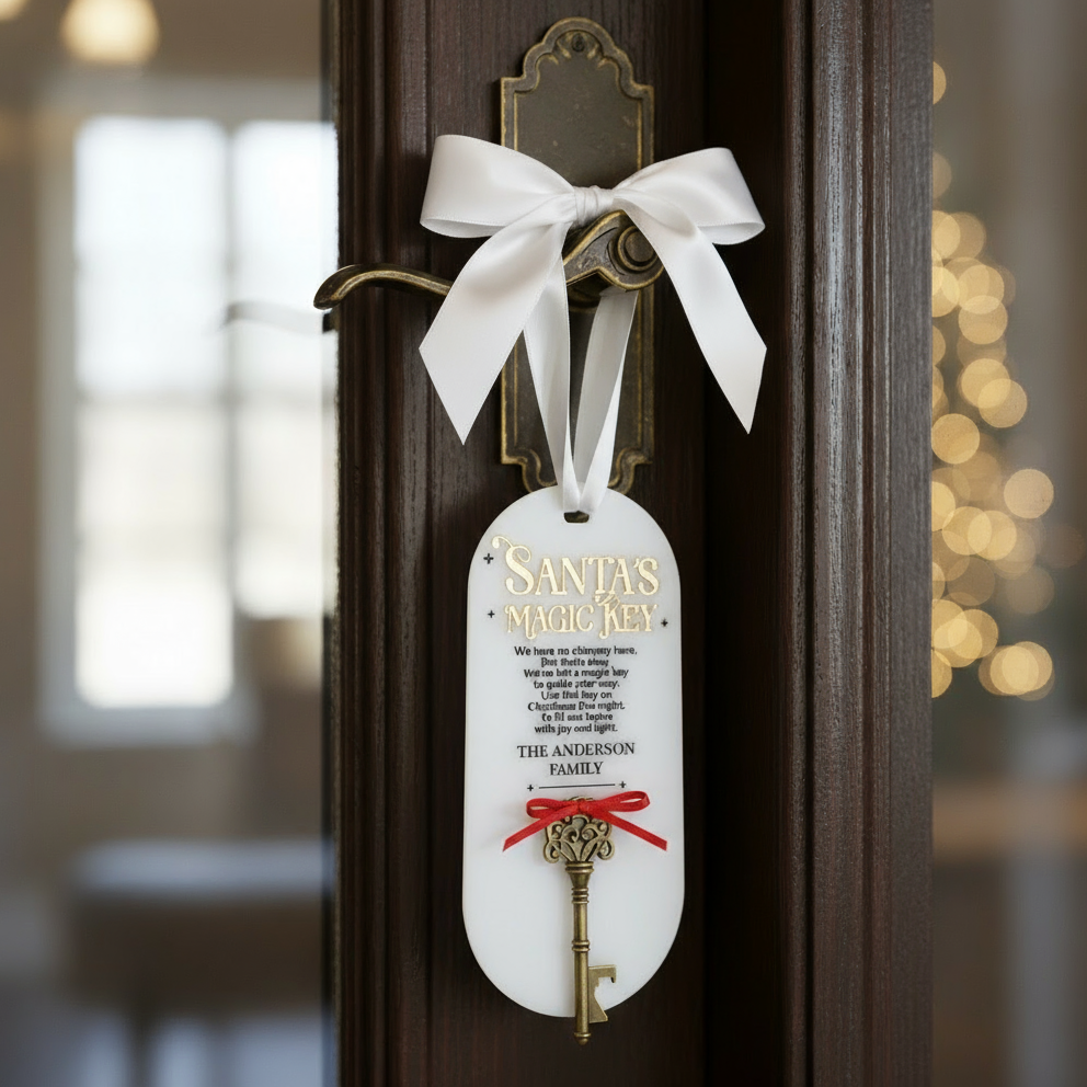 A close-up of Santa’s Magic Key sign showing intricate gold 3D acrylic lettering and vintage brass key. The perfect Christmas Eve décor piece to help Santa find his way into homes without chimneys.