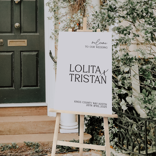White modern wedding welcome sign with black 3D layered lettering. Available in a wide range of colour and shape options. Custom Made in Australia by Bell & Beau Design Co.