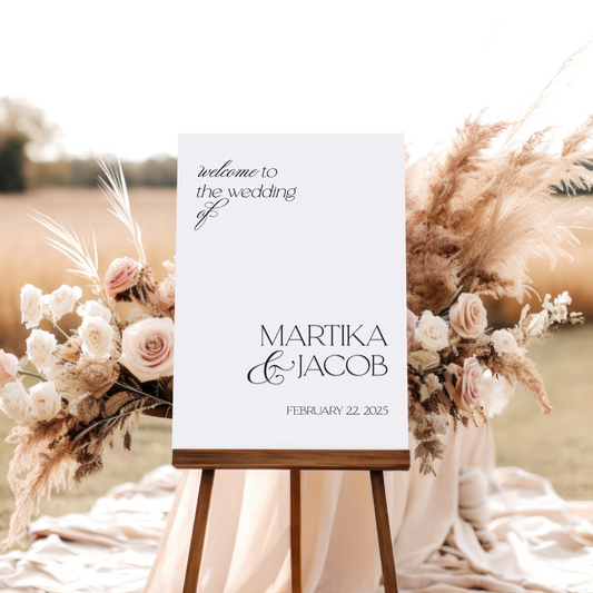 White modern wedding welcome sign with black lettering. Available in a wide range of colour and shape options. Custom Made in Australia by Bell & Beau Design Co.