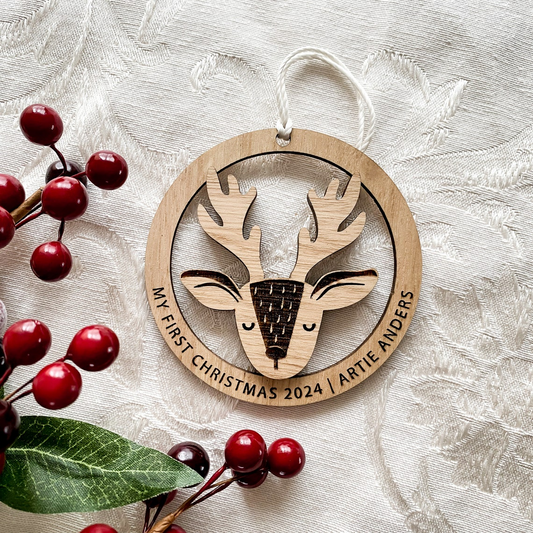 Personalised wooden My First Christmas Ornament with a 3D layered reindeer head