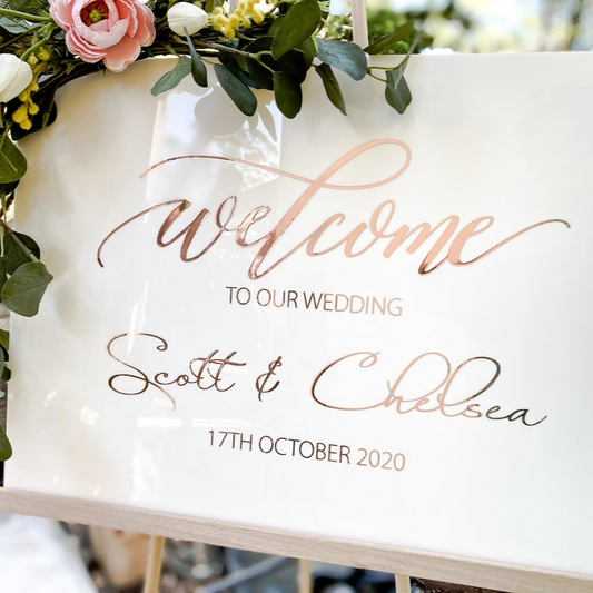 White acrylic welcome sign by Bell & Beau Design Co. Customisable fonts and wide range of colour options. Wedding Signs made in Australia.
