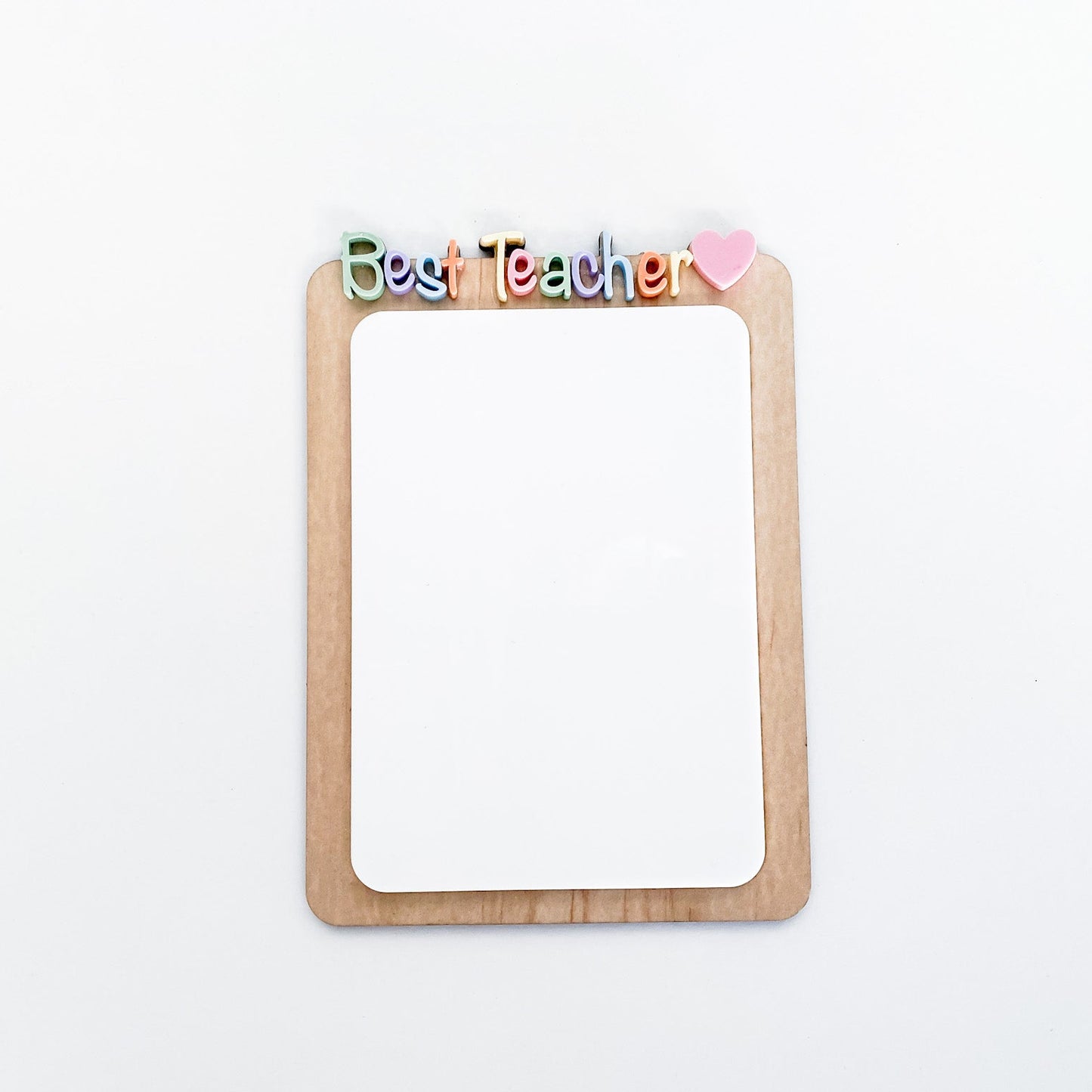 Unique teacher desk accessory and dry erase board with a blank writing surface.