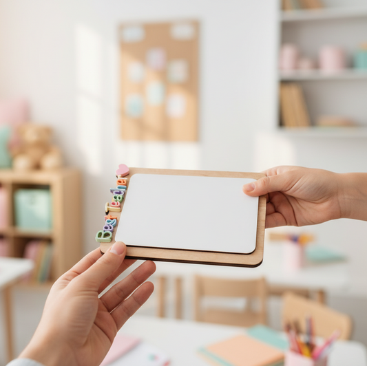 Child presenting a teacher with a personalised dry-erase whiteboard notepad to his teacher.