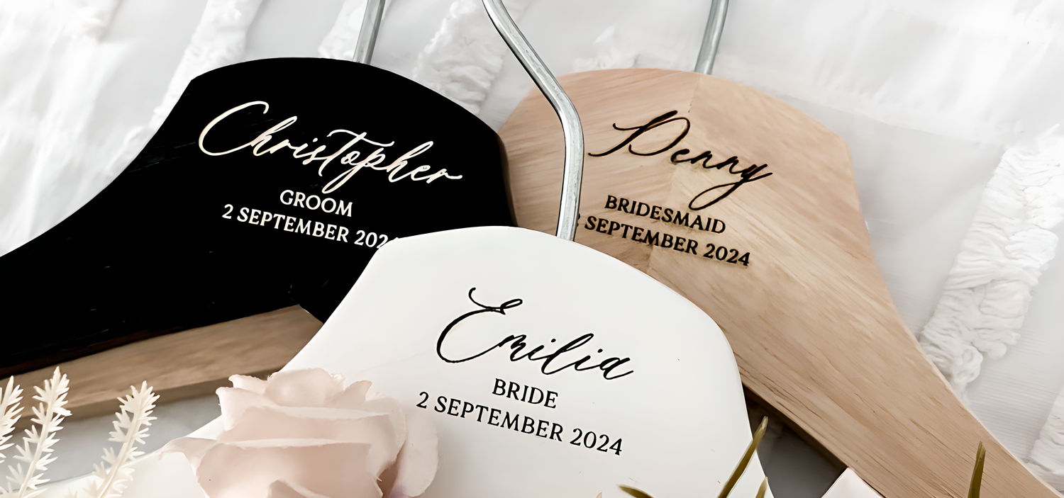 bridal party keepsakes with our collection of personalised wedding coat hangers