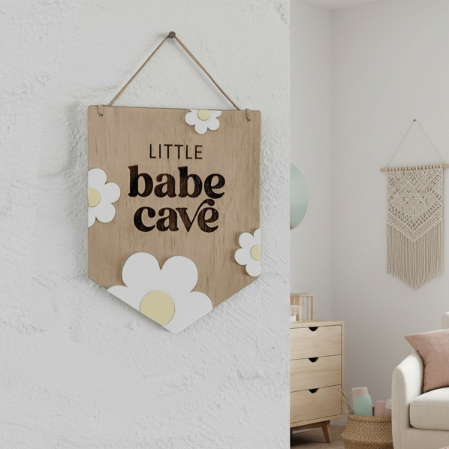 LIttle Babe Cave Child & Nursery Decor, Natural Wood & Acrylic Nursery Gifts, Daisy Bedroom Decor Sign.