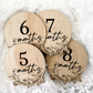 Baby monthly milestone discs crafted from engraved wood with a floral design. This 13-piece photo prop set marks your child’s journey from “Hello World” to “One Year.” Perfect for parents capturing monthly photos, gifting at baby showers, or keeping as timeless wooden keepsakes. Eco-friendly, sustainable, and handmade in Australia, these discs complement all photo themes while celebrating each milestone beautifully.