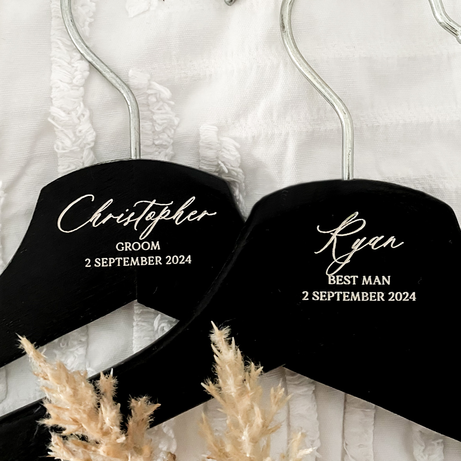 Elegant engraved wooden coat hanger customised with names, titles, or heartfelt words. A timeless keepsake for weddings, engagements, and bridal parties, this personalised hanger also makes a meaningful gift for bridesmaids or groomsmen. Ideal as wedding favours or decorative photo details, it’s a durable, stylish hanger designed to make wedding gowns and suits look even more special.