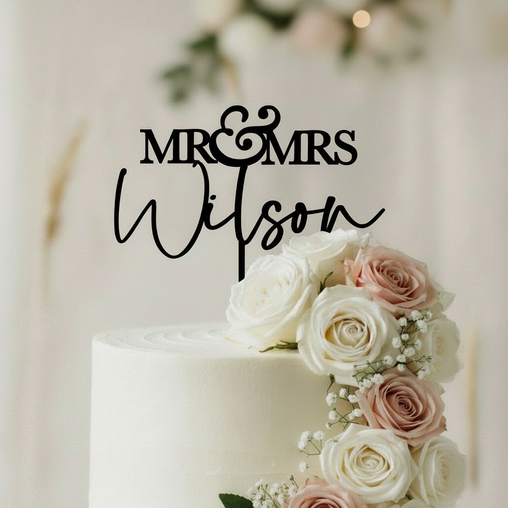Elegant custom “Mr & Mrs” wedding cake topper made-to-order in Australia, crafted from premium acrylic for a timeless and modern look. Shown displayed on a wedding cake surrounded by soft floral décor in neutral tones, this personalised topper is available in three sizes and multiple colour options to suit any theme. A keepsake decoration designed to add romance, style, and sophistication to weddings, engagements, anniversaries, or special celebrations.