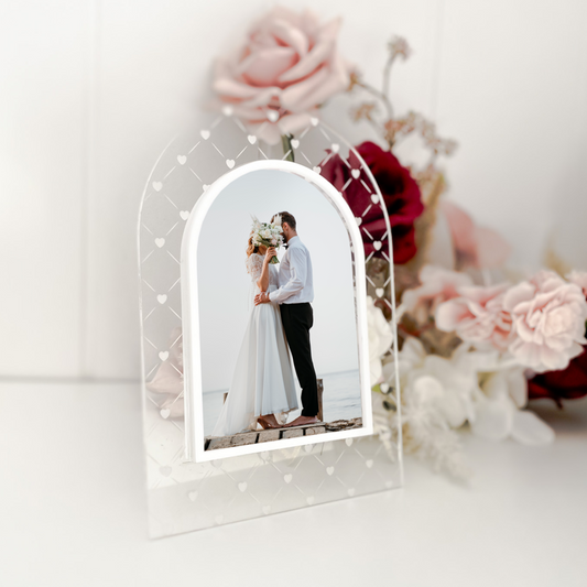 Crystal Look Heart Picture Frame, Wedding Decor, Anniversary Gift, Family Photos, Decorative arch wedding photo frame enhanced with engraved hearts.