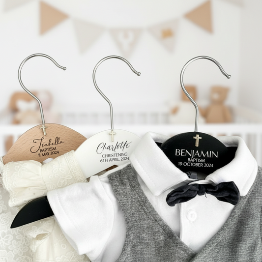 A personalised wooden coat hanger engraved with your chosen name, perfect for Christening, Baptism, or Name Day celebrations. Handmade with care in Australia, this keepsake hanger is ideal for presenting baptismal gowns, christening outfits, or special occasion clothing. A thoughtful gift for godparents, grandparents, or loved ones to cherish and remember the meaningful day.