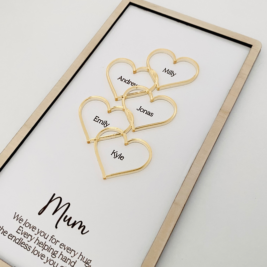 Close-up of custom name hearts on a 3D personalised Mother’s Day sign showing Milly, Andrew, Jonas, Emily, and Kyle in gold acrylic.