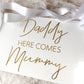 White Acrylic with mirrored gold lettering, Daddy here comes mummy, Custom or personalised Wedding Sign, Modern or Rustic Flower Girl Sign, Wedding Child Aisle Sign, Page Boy or Ring Bearer Wedding Sign Queensland Australia.