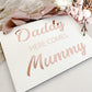 White Acrylic, Daddy here comes mummy with mirrored rose gold lettering, Custom or personalised Wedding Sign, Modern or Rustic Flower Girl Sign, Wedding Child Aisle Sign, Page Boy or Ring Bearer Wedding Sign Queensland Australia.