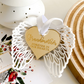 Custom remembrance angel wings Christmas decoration with engraved gold mirror heart, featuring the words “Grandmother – Forever in Our Hearts.” White acrylic wings with intricate cutout design, gold reflective heart centre, and white satin ribbon for hanging. A heartfelt sympathy gift, memorial keepsake, or tribute ornament to cherish loved ones during Christmas and holiday traditions.