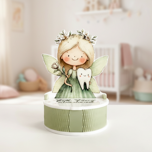 Freestanding girl acrylic tooth fairy box with a Sage textured band and UV-printed artwork. The durable construction and 6cm × 4cm × 1.9cm interior make it a perfect functional storage piece for childhood memories.