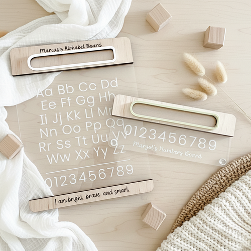 Alphabet and number Practice using a clear Alphabet Whiteboard. This Montessori Toy provides a tactile way to learn the Acrylic Alphabet or numbers. The clear Dry Erase Board is as a fun and effective Home School educational tool for young children.