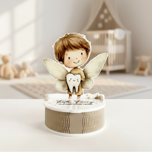 Custom acrylic tooth fairy box featuring a UV printed watercolour boy fairy holding a tooth. This 10cm x 8cm stand includes a Latte colored textured band and a white lid engraved with "Tooth Fairy PLEASE STOP HERE." A modern first tooth keepsake and alternative to a tooth pillow, it features a 6cm x 4cm x 1.9cm internal compartment perfect for coins or notes. Durable, high-quality acrylic nursery decor for boys.