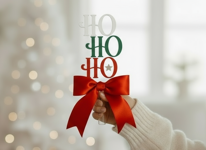 Modern acrylic “Ho Ho Ho” Christmas tree topper with layered red, green, and white lettering, finished with a festive red satin bow. Held in a cozy, softly lit living room with a blurred Christmas tree — handcrafted by Bell & Beau Design Co.