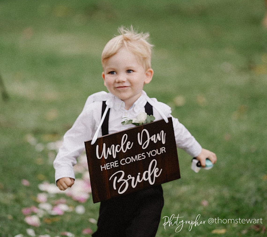 Wood Here comes Uncle wedding Sign with white font, Custom or personalised Wedding Sign, Modern or Rustic Flower Girl Sign, Wedding Child Aisle Sign, Page Boy or Ring Bearer Wedding Sign Queensland Australia by Bell & Beau Design Co