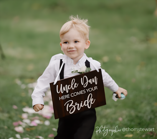 Wood Here comes Uncle wedding Sign with white font, Custom or personalised Wedding Sign, Modern or Rustic Flower Girl Sign, Wedding Child Aisle Sign, Page Boy or Ring Bearer Wedding Sign Queensland Australia by Bell & Beau Design Co