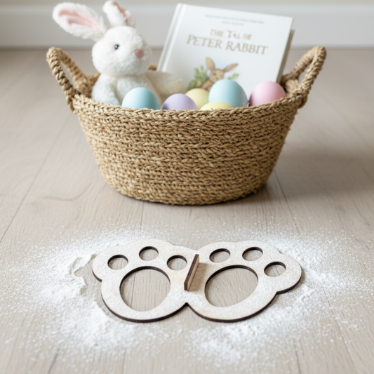 Wooden easter bunny paw print stencil on a light wooden floor with a woven basket containing Easter eggs and a toy rabbit.