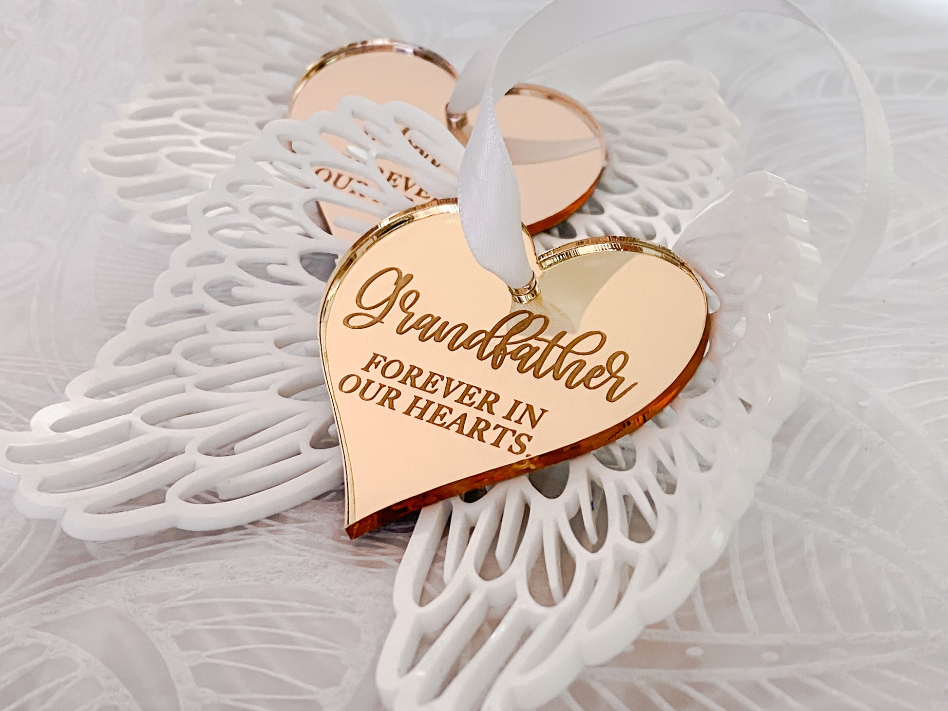 In Loving Memory Memorial or sympathy gift ornnament in white, gold, rose gold & silver.