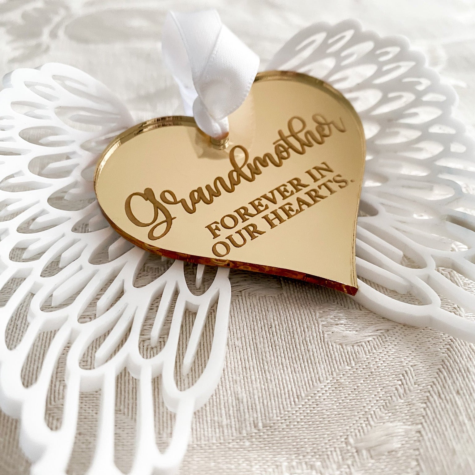 3D forever in our hearts angel wings Christmas Ornament - white wings with Gold Heart. 