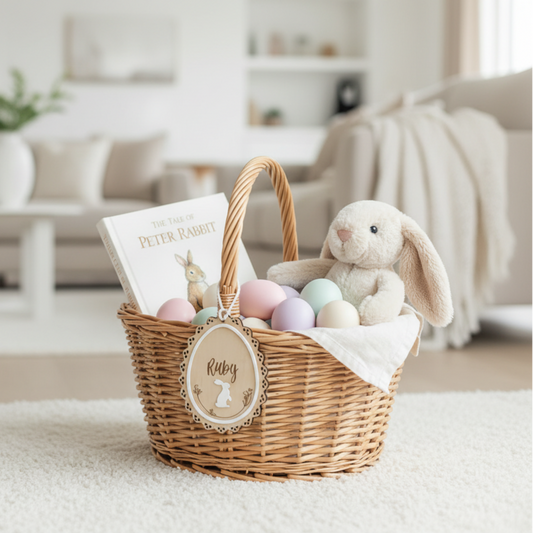 Personalised 10.5cm wood and white acrylic Easter bunny tag with a scalloped edge and custom engraved name for a holiday basket.