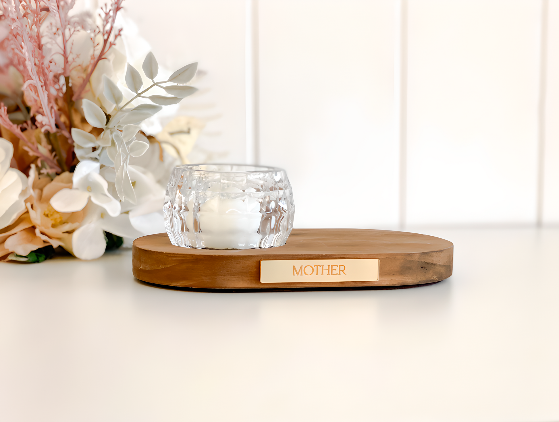 Elegant remembrance tealight candle holder with engraved wood base and glass tealight cup. Personalised plaque available in silver or gold with optional message on top. A thoughtful sympathy gift for grieving families, a keepsake for anniversaries, or tribute piece for home décor. This memorial candle holder provides warmth, comfort, and lasting memory.