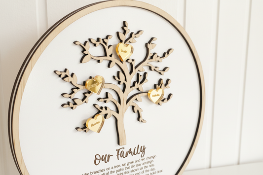 Mothers Day Family Tree Personalised with engraved family names on gold hearts.