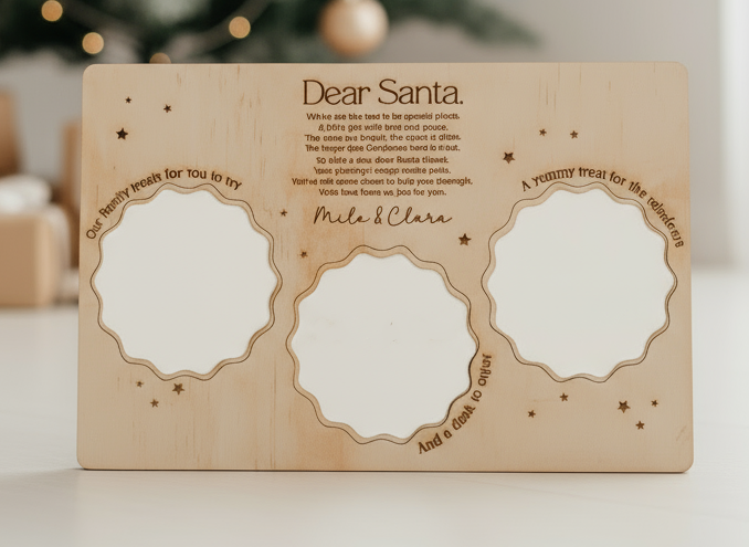 Close-up of engraved text on plywood Santa tray showing acrylic inserts and star engravings, highlighting craftsmanship and festive detail.