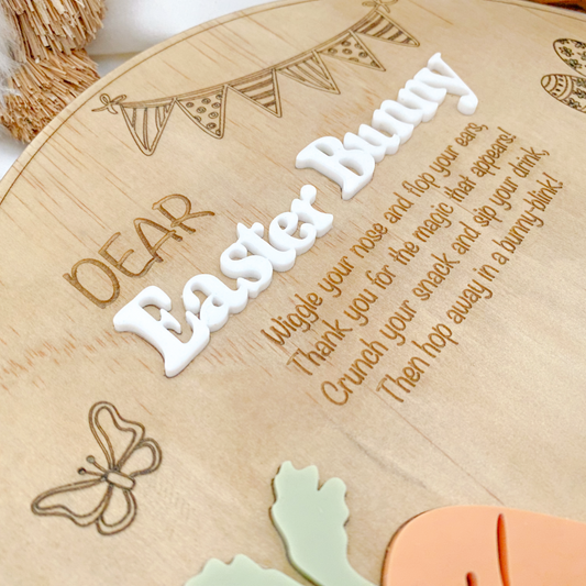 Personalised Easter Bunny Treat Tray Board with 3D layered lettering. Close up image of poem