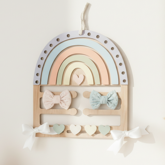 A personalised rainbow-shaped hair bow and ribbon holder organiser made from natural wood and pastel acrylic, hanging on a beige nursery wall.