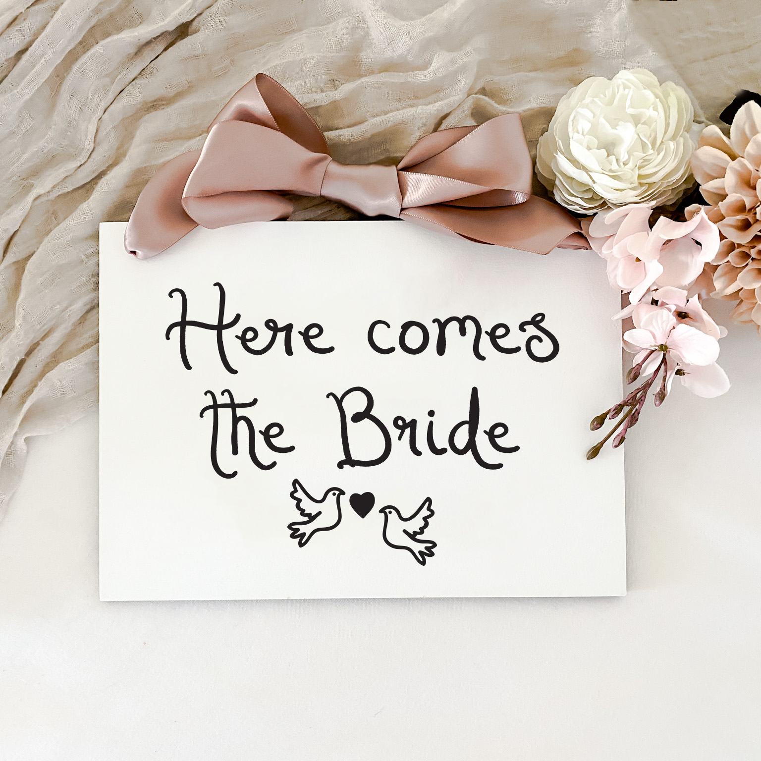 Ribbon & Doves White Acrylic Child Wedding Sign, Here come the bride, Page Boy, Flower Girl or Ring Bearer Unique Wedding Signs Queensland Australia, 