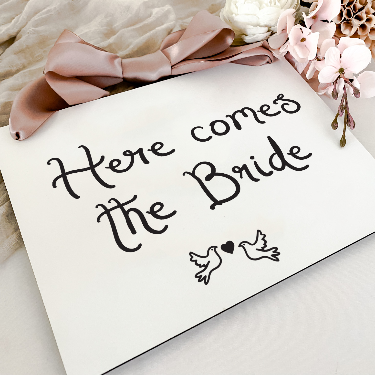 Ribbon & Doves White Acrylic Child Wedding Sign, Here come the bride, Page Boy, Flower Girl or Ring Bearer Unique Wedding Signs Queensland Australia, 