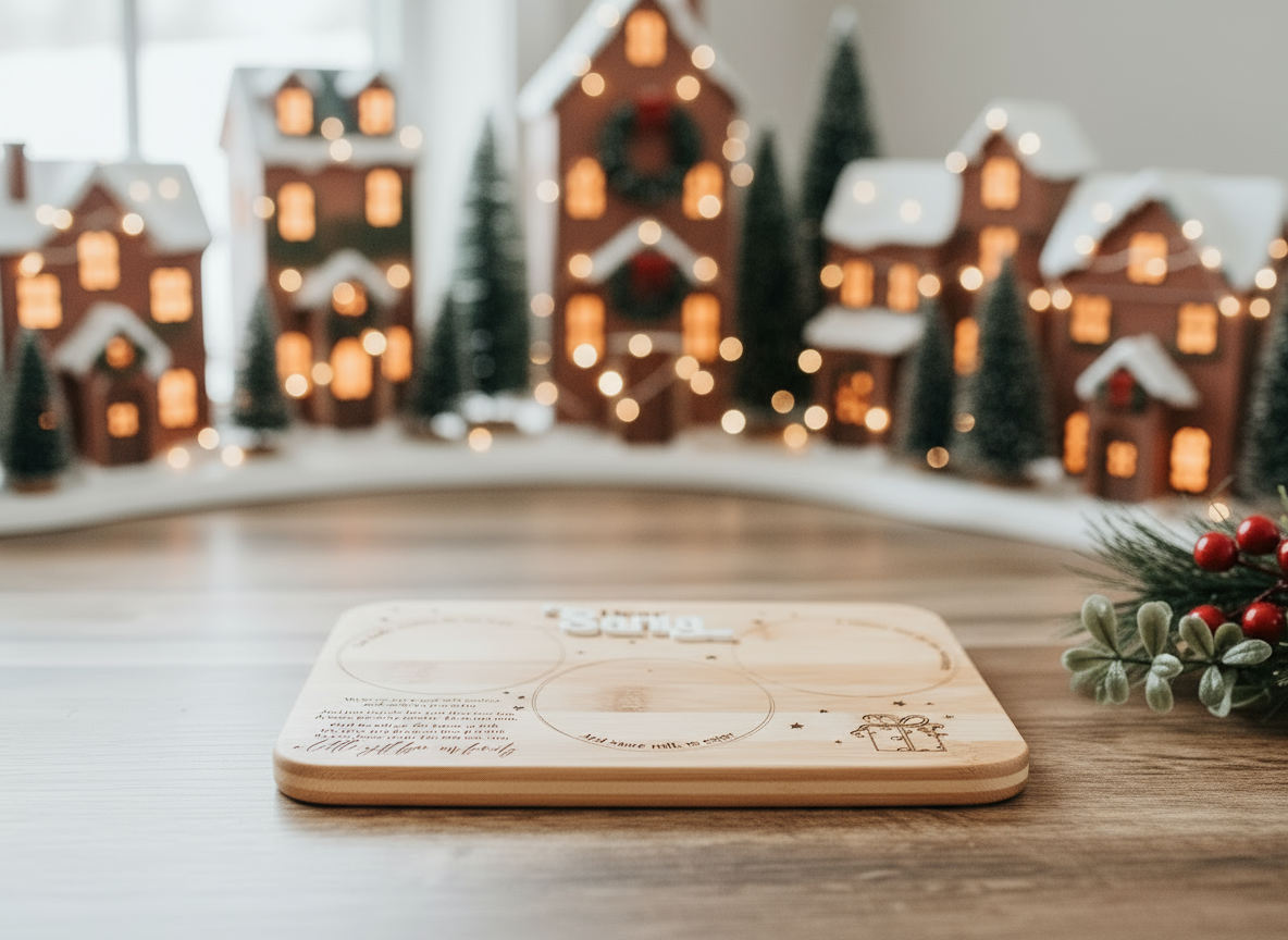 Dear Santa” engraved Christmas treat tray for cookies, milk, and carrots, made from sustainable bamboo wood. Styled in a cosy holiday setting with miniature gingerbread houses and twinkling Christmas lights.