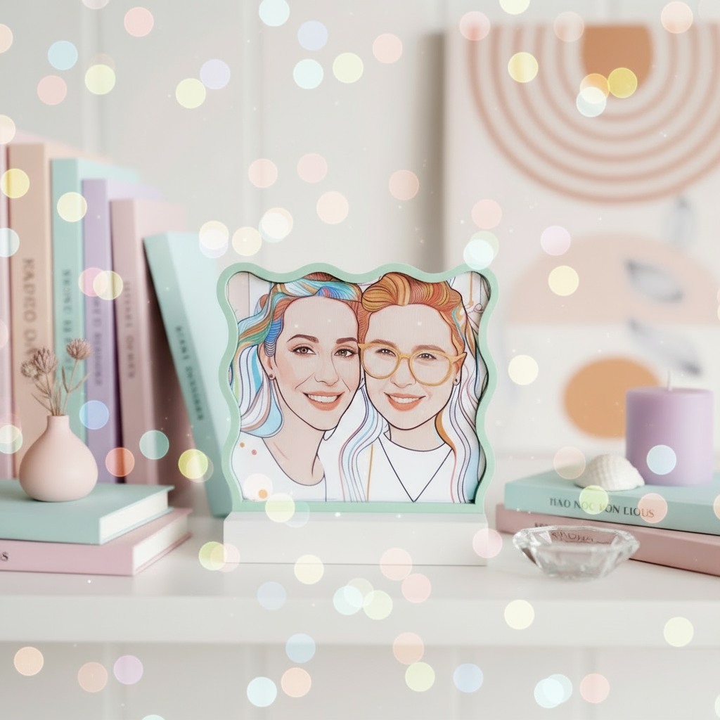 Unique photo frame in a wave shape with custom line art photo in multiple colours with small bohek dots