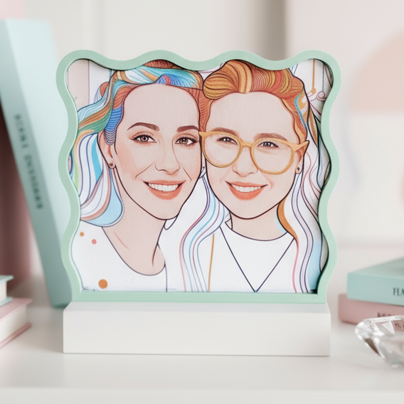 Close up of Unique photo frame in a wave shape with custom line art photo in multiple colours