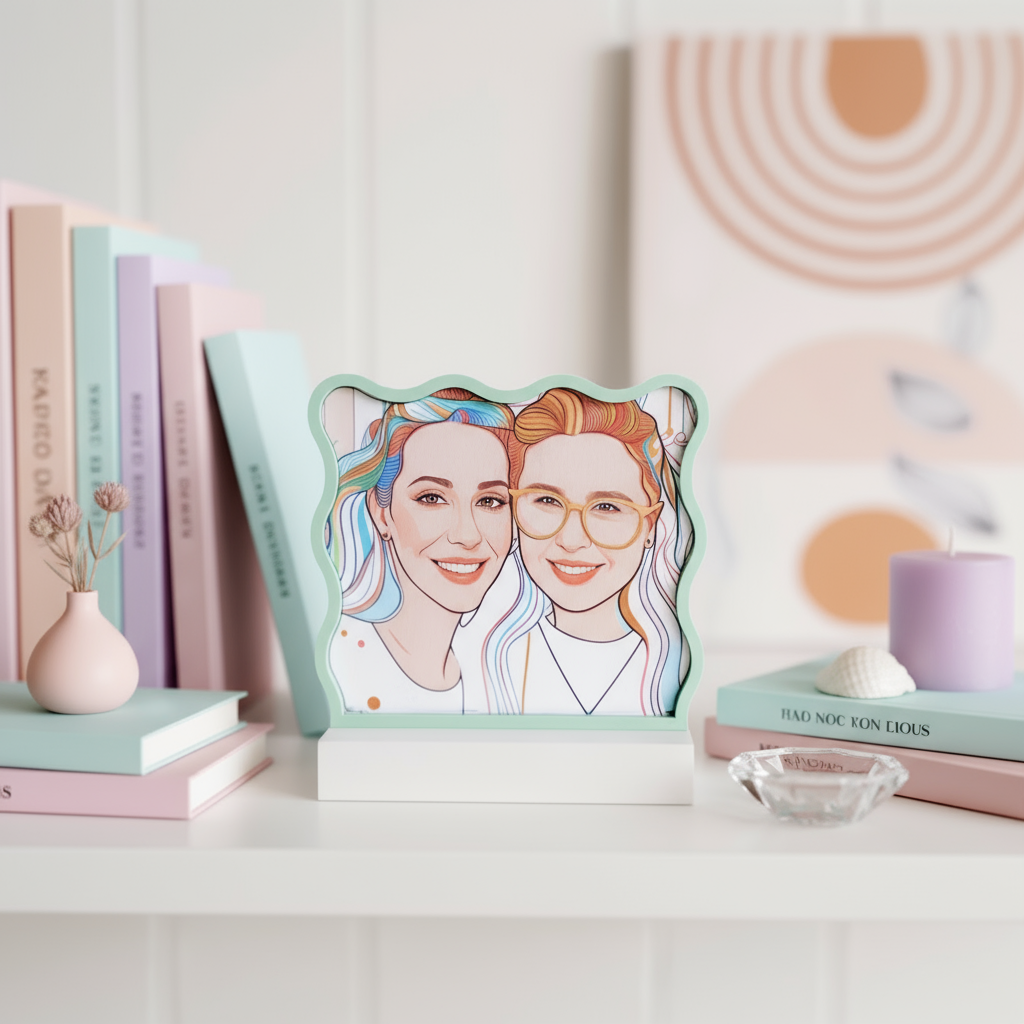 Unique photo frame in a wave shape with custom line art photo in multiple colours