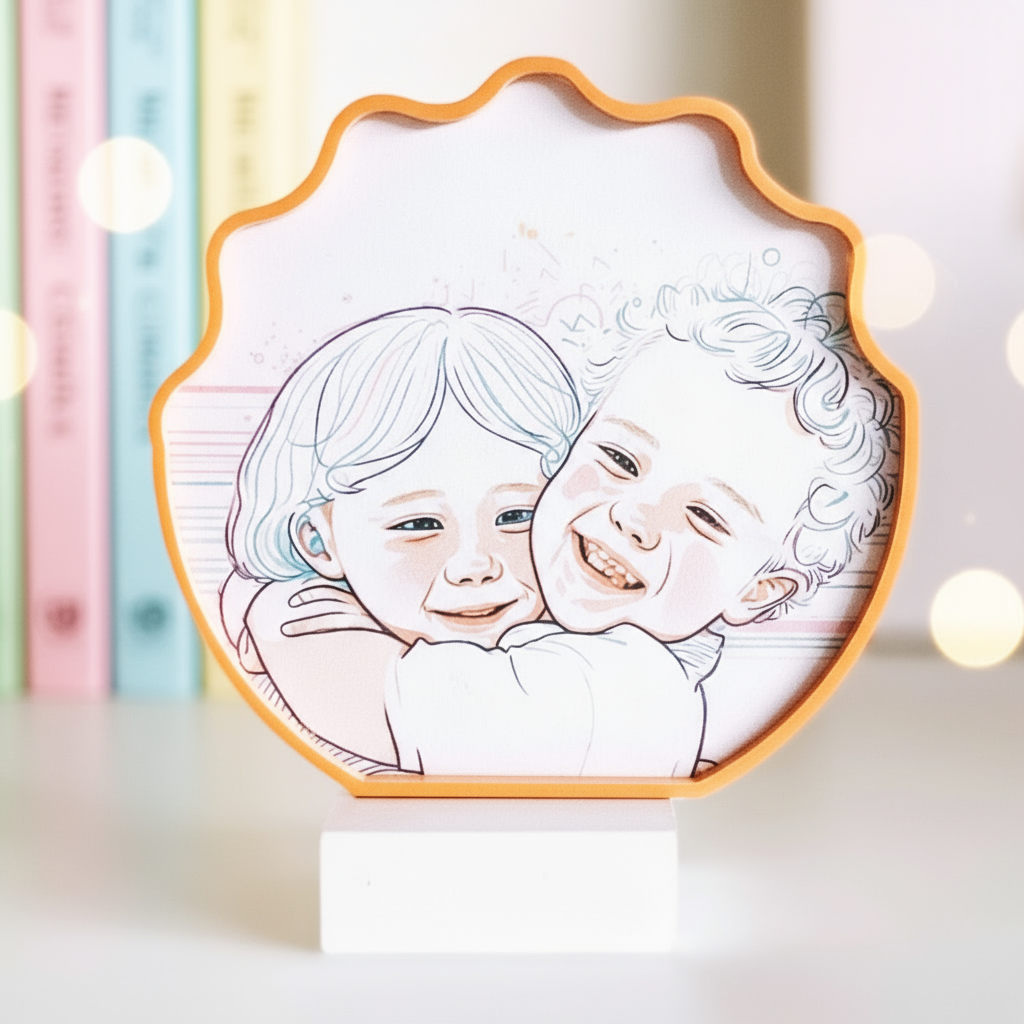 Close up of Unique scollop shape photo frame with line art image of two children