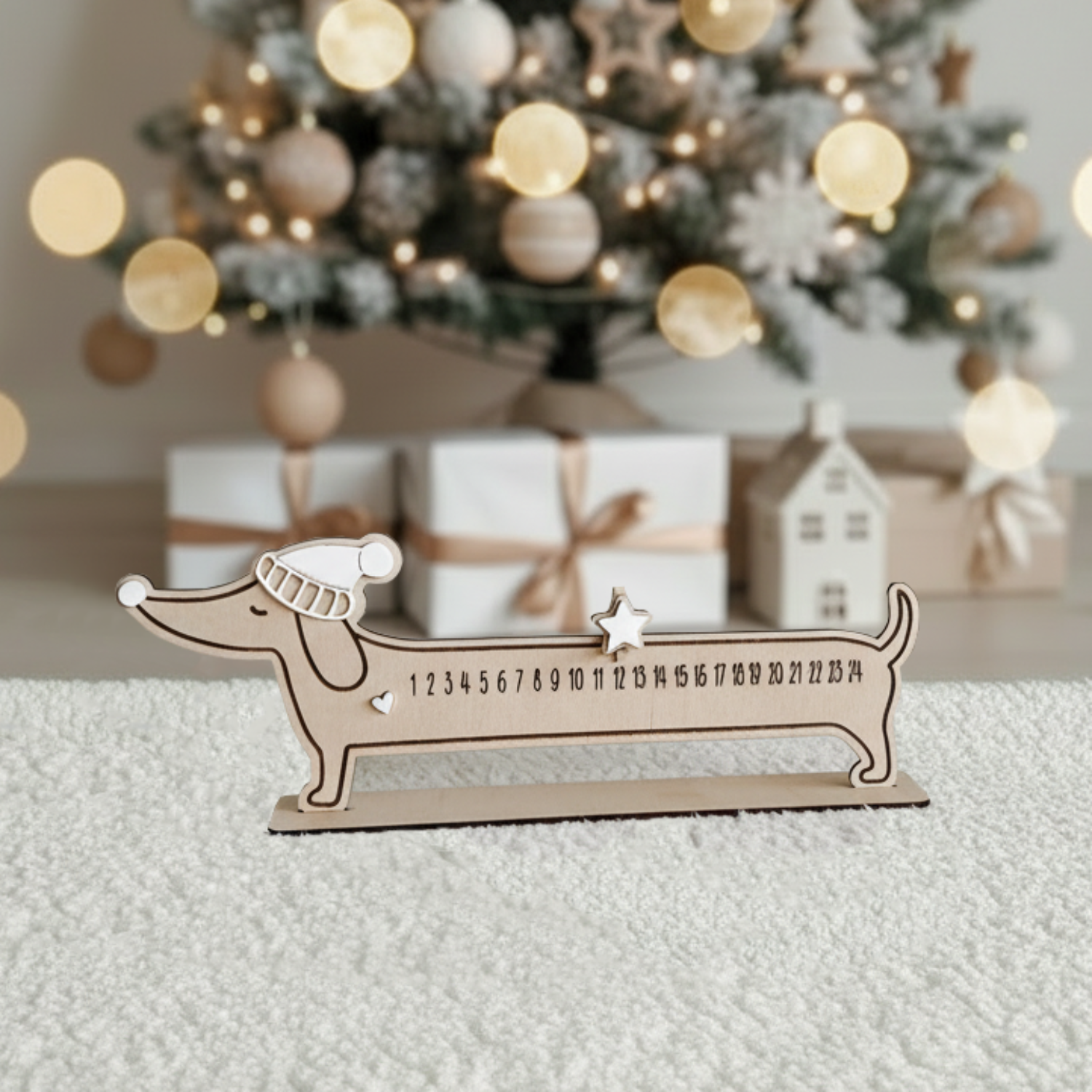Wooden Dachshund Christmas Countdown Calendar with a beanie and a movable star against a white shaggy background.