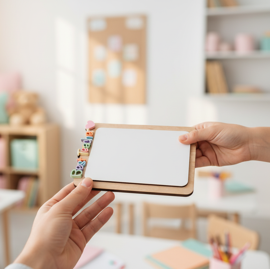 Child presenting a teacher with a personalised dry-erase whiteboard notepad to his teacher.