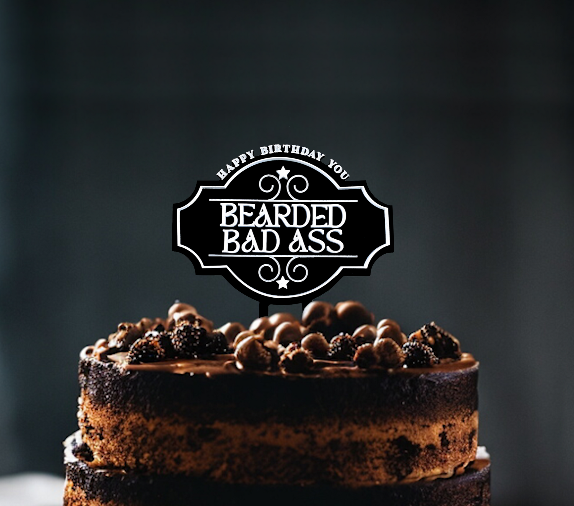 Novelty Retro Bearded Badass Cake Topper in bold acrylic lettering, designed to add cheeky charm to party cakes. Ideal for birthdays, buck’s nights, milestone events, or fun celebrations, this handmade topper is lightweight yet sturdy. Offered in multiple finishes and colours to match your cake design, it’s a unique piece of event décor proudly crafted in Australia. Perfect as a keepsake or reusable cake accessory.