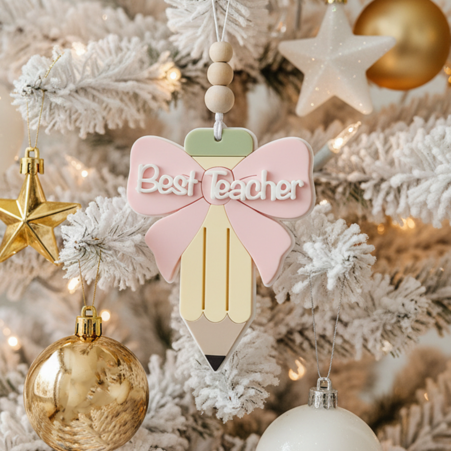 Two layered acrylic teacher appreciation ornaments in a pencil shape with a pink bow