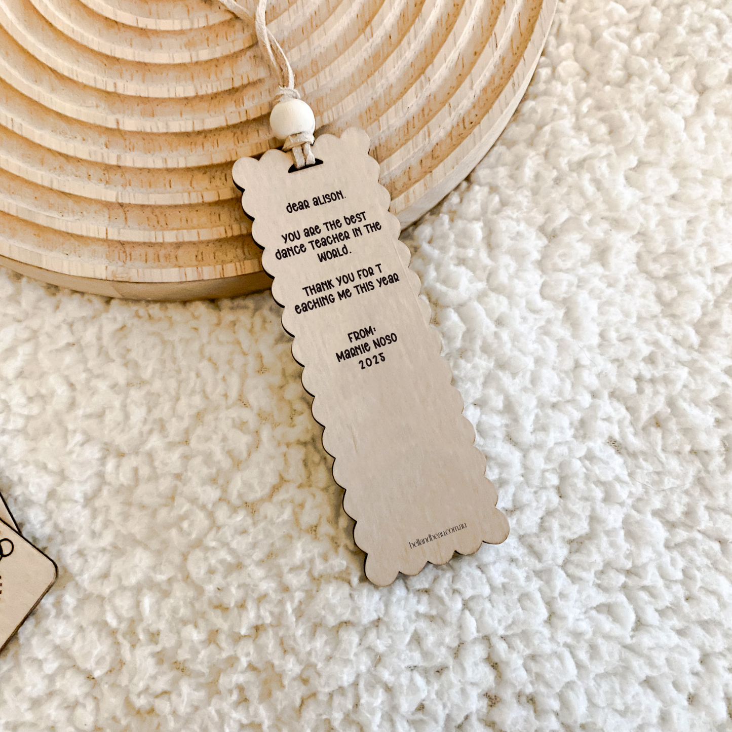 Personalised End of Year Teacher Appreciation Gift wooden bookmark with scalloped edges