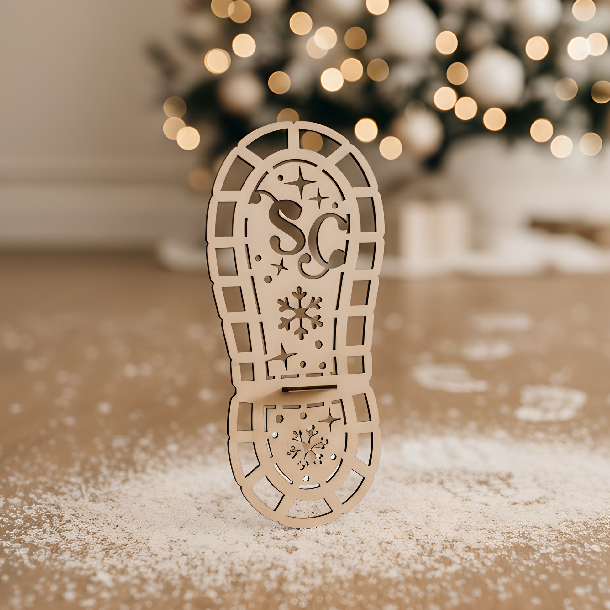 The wooden Santa's Boot Stencil standing upright on a timber floor, surrounded by white powder creating a trail of clear Santa footprints leading towards a blurred, beautifully decorated Christmas tree.